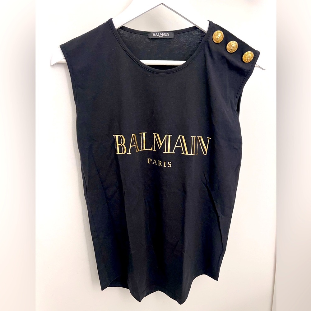 Balmain Black Sleeveless Logo Tank with Gold Buttons